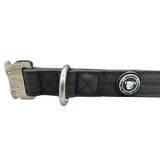 Black woven nylon btactical collar 2.5cm with silver buckle d-ring and circular branded emblem midnight black