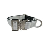 Gray woven nylon btactical dog collar in misty grey with sturdy silver metal buckle and d-ring for durability