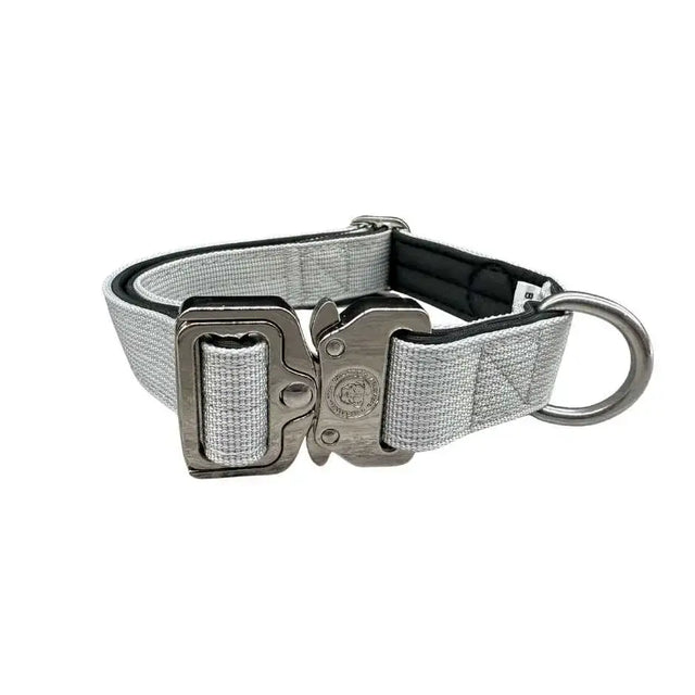 Gray woven nylon btactical dog collar in misty grey with sturdy silver metal buckle and d-ring for durability