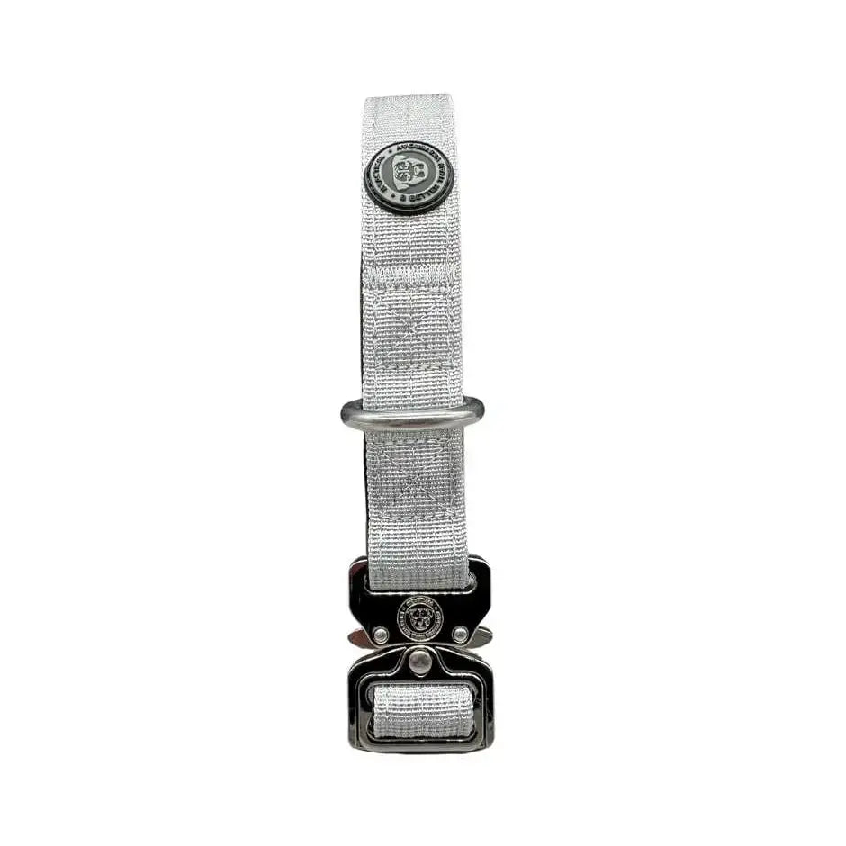 Silver textured nylon btactical dog collar in misty grey with black metal buckle and circular brand emblem