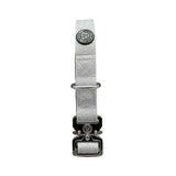 Silver textured nylon btactical dog collar in misty grey with black metal buckle and circular brand emblem
