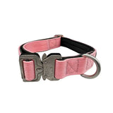 Pink woven nylon btactical collar with black lining and silver buckle in pretty pink for durable everyday wear