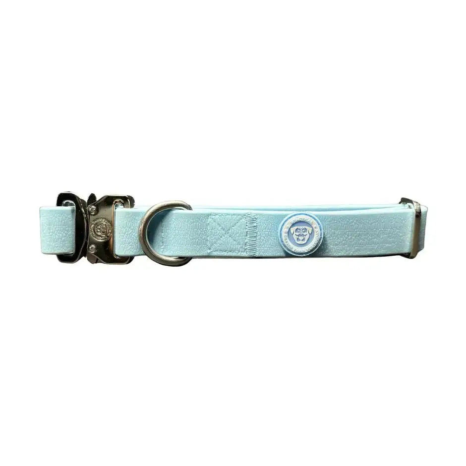 Pastel blue pvc btactical dog collar with silver buckle and embossed logo, 2.5cm wide strap for everyday use