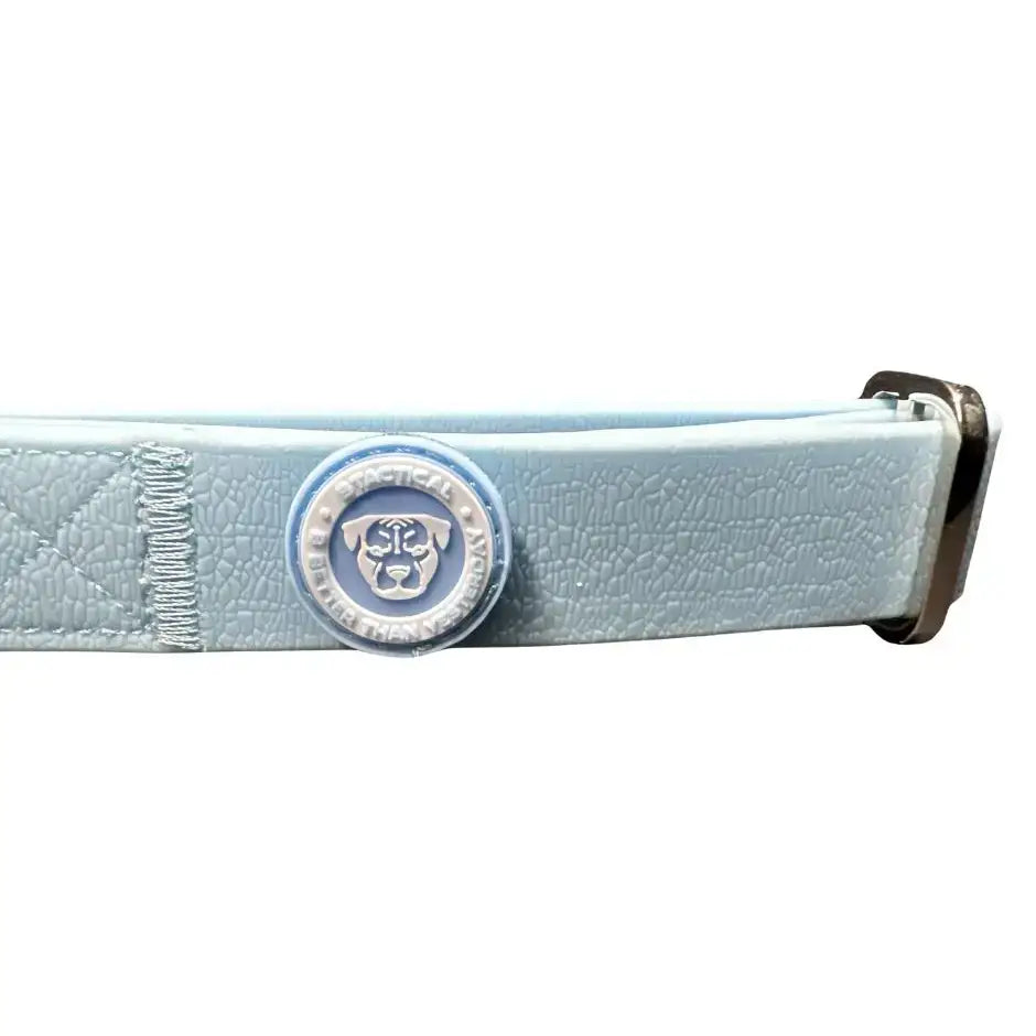 Pastel blue pvc btactical dog collar 2.5cm wide with textured leather and silver buckle featuring bulldog head design