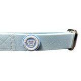 Pastel blue pvc btactical dog collar 2.5cm wide with textured leather and silver buckle featuring bulldog head design