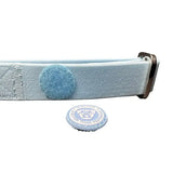 Pastel blue pvc btactical dog collar with textured leather, fuzzy attachment, and silver buckle, 2.5cm wide