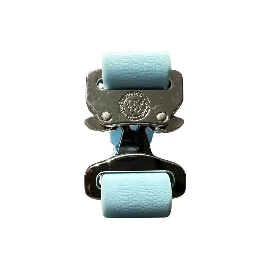 Pastel blue pvc btactical dog collar with light blue textured leather strap and silver embossed clasp