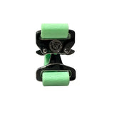A sleek black metal carabiner with mint green rollers on a pastel green pvc btactical collar for dogs