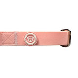 Pastel pink pvc btactical dog collar with stitched detailing and bulldog emblem on circular metal tag