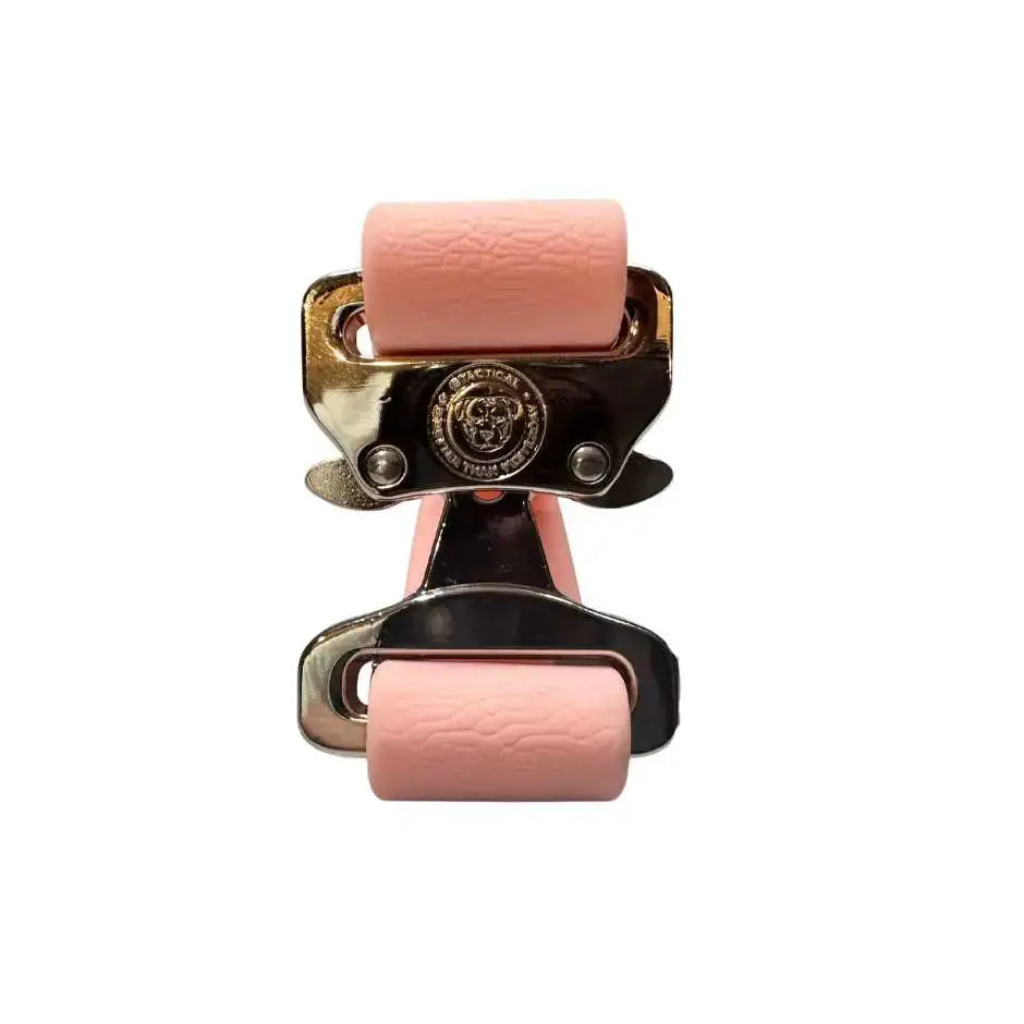 Pink leather buckle with gold-tone clasp and engraved emblem on pastel pink pvc btactical dog collar