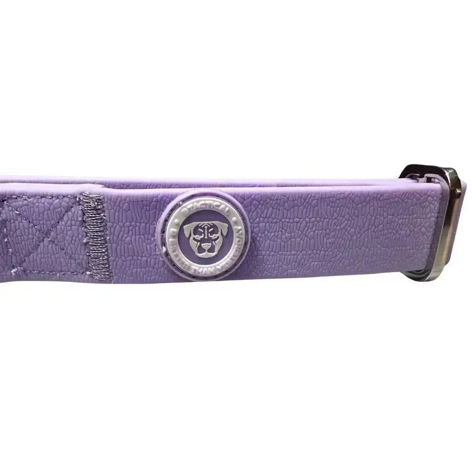 Purple textured pvc btactical dog collar with silver bulldog emblem and metal buckle in pastel purple color