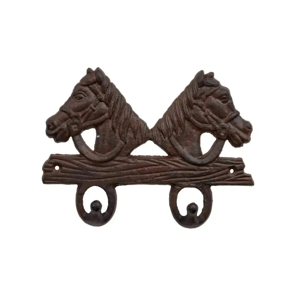 Dark brown 2 horse coat hooks in strong cast iron with horse head hooks and wooden plank design with curved hooks below
