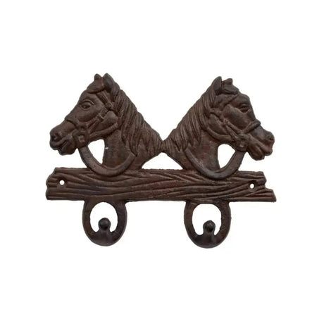 Dark brown 2 horse coat hooks in strong cast iron with horse head hooks and wooden plank design with curved hooks below