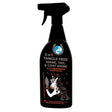 Black spray bottle of 3 in 1 tangle free mane triple action spray with lemongrass pure essential oil and cartoon zebra label