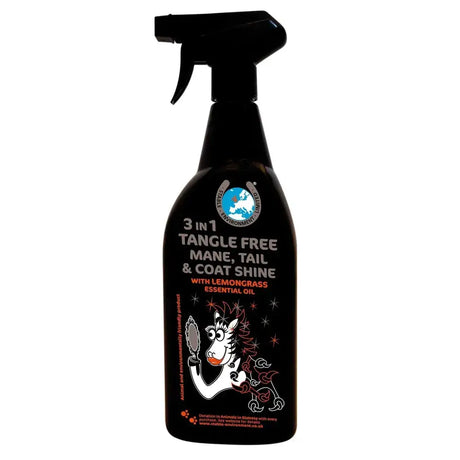 Black spray bottle of 3 in 1 tangle free mane triple action spray with lemongrass pure essential oil and cartoon zebra label