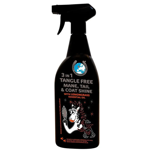 Black spray bottle of 3 in 1 tangle free mane triple action spray with lemongrass pure essential oil and cartoon zebra label
