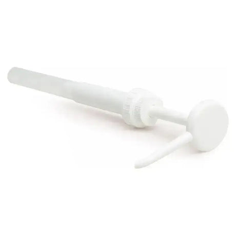White plastic 4 litre dispensing pump with rounded pump head and textured grip for litre liquid containers shampoos and conditioners