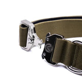 Olive green 4cm nylon btactical dog collar with a silver black metal buckle and engraved logo in collar khaki green