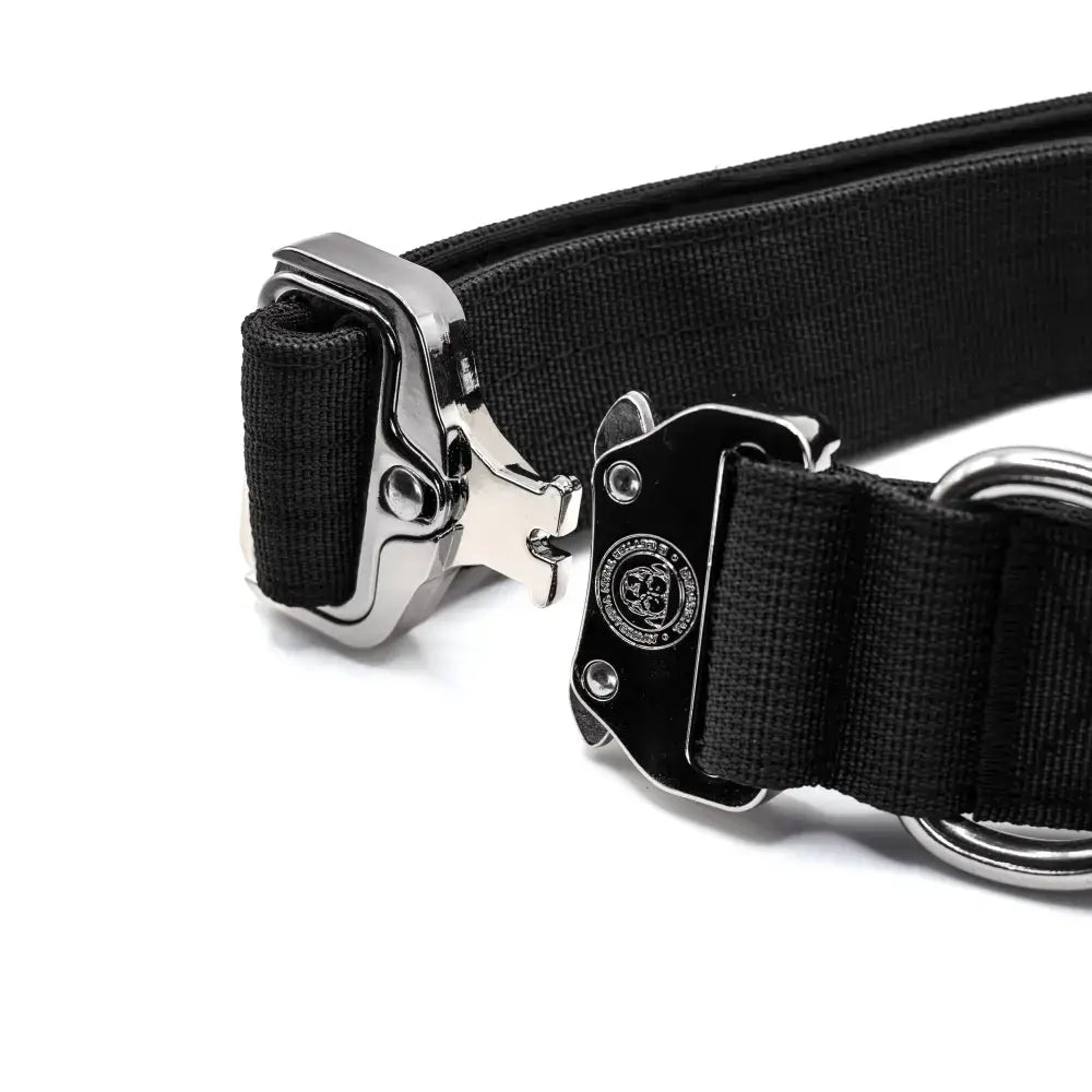 Black tactical-style 4cm nylon btactical dog collar in midnight black with shiny silver metal buckle and engraved logo side plate