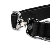 Black tactical-style 4cm nylon btactical dog collar in midnight black with shiny silver metal buckle and engraved logo side plate