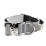 Gray nylon btactical dog collar 4cm wide in misty grey with silver metal buckle and d-ring for secure use