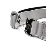 Gray woven 4cm nylon btactical dog collar with silver buckle and black accent plate in misty grey color