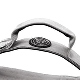 Gray woven fabric handle with black trim and circular dog logo on misty grey 4cm nylon btactical dog collar