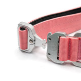 Pink woven 4cm nylon btactical dog collar with silver-toned tactical-style buckles in pretty pink color