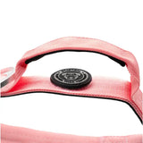 Pink woven fabric handle with black trim and circular logo on the 4cm nylon btactical pretty pink dog collar