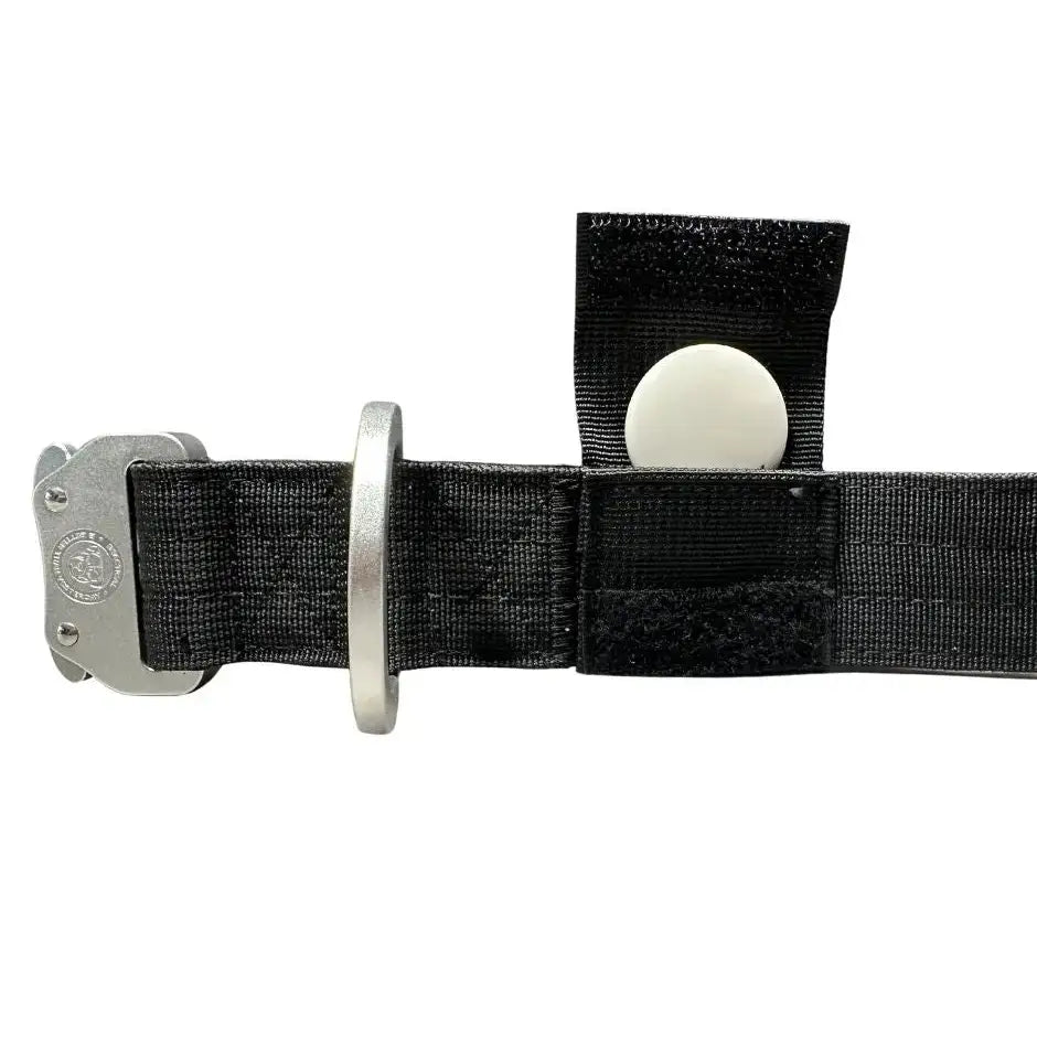 Black nylon btactical tracker collar with silver buckle and velcro strap for easy attachment in midnight black