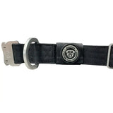 Black nylon btactical tracker collar with silver hardware and circular logo patch featuring stylized dog face
