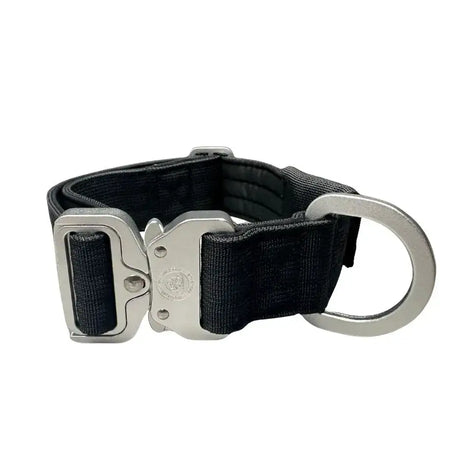 Black nylon btactical tracker dog collar with silver metal buckle and d-ring for secure tracking and durability