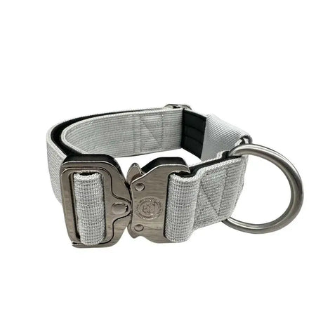 Gray woven 4cm nylon btactical tracker dog collar with sturdy silver metal buckle and d-ring in misty grey