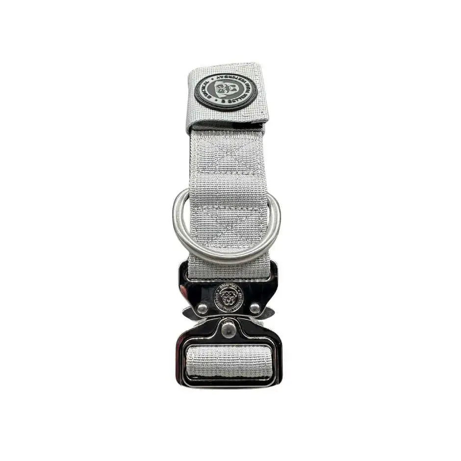 Silver gray 4cm nylon btactical tracker dog collar with embossed logo black buckle and sturdy metal d-ring
