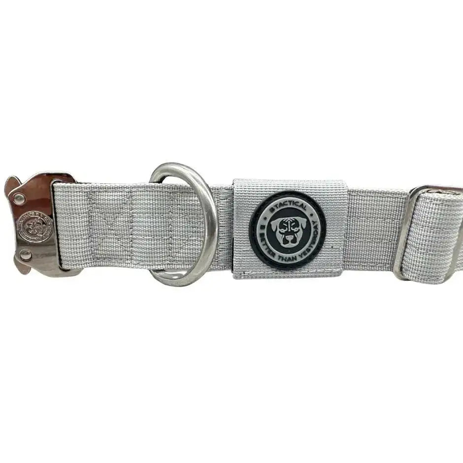 Silver 4cm nylon btactical tracker dog collar with sturdy woven strap metal buckle and d-ring hardware in misty grey