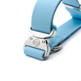 Light blue leather 4cm pvc btactical dog collar with silver buckle and adjustment hardware in pastel blue