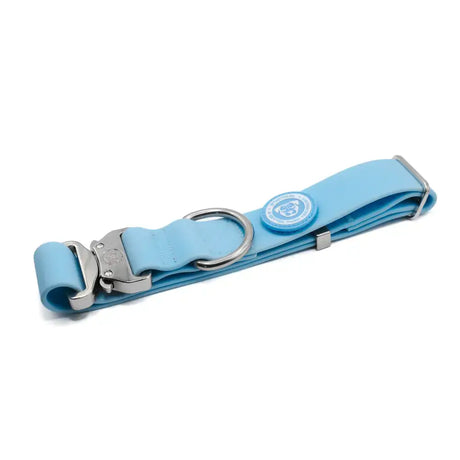 Light blue nylon 4cm pvc btactical dog collar with silver metal buckle and d-ring in pastel blue color