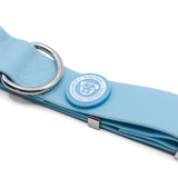 Light blue silicone 4cm pvc btactical dog collar with silver metal ring and pastel blue btactical circular emblem