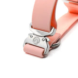 Pink leather 4cm pvc btactical dog collar with silver buckle and engraved logo in pastel pink finish
