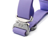 Pastel purple 4cm pvc btactical dog collar with purple leather and silver metal buckle featuring engraved logo
