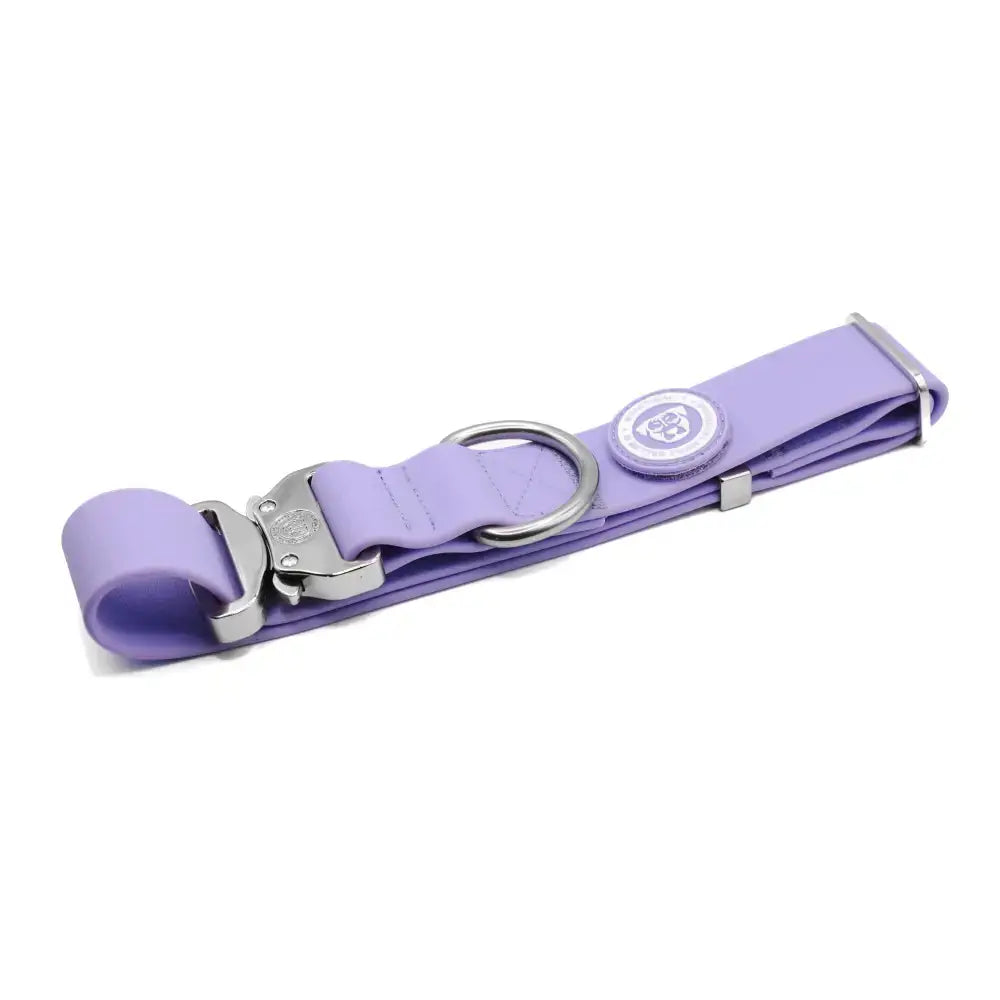 Pastel purple 4cm pvc btactical dog collar with silver buckle d-ring and circular brand emblem on the side