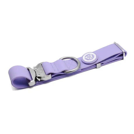 Pastel purple 4cm pvc btactical dog collar with silver buckle d-ring and circular brand emblem on the side