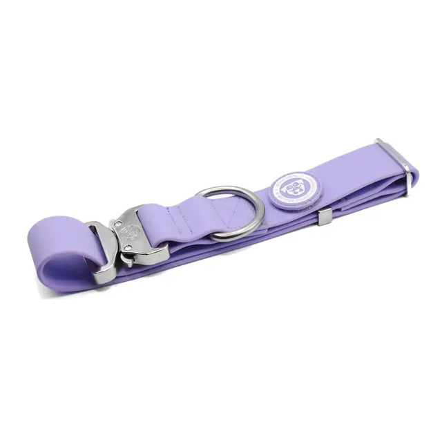 Pastel purple 4cm pvc btactical dog collar with silver buckle d-ring and circular brand emblem on the side