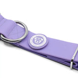 Pastel purple 4cm pvc btactical dog collar with silver metal ring and bulldog logo patch for everyday use