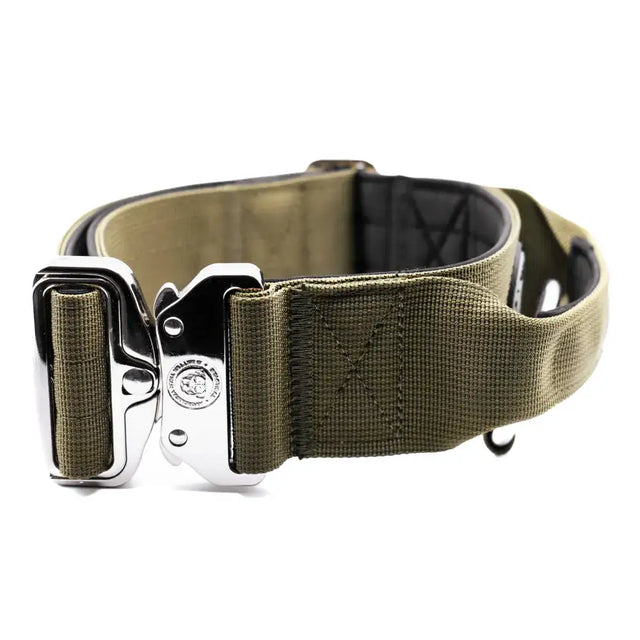 Olive green 5cm nylon btactical dog collar with silver buckle and reinforced stitching in collar khaki green style