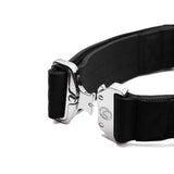 Black 5cm btactical collar with neoprene lining and tactical clip featuring a silver metal buckle and engraved logo