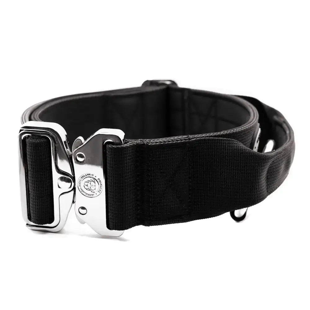 Black 5cm btactical collar with neoprene lining and tactical clip featuring a silver-toned buckle and engraved logo