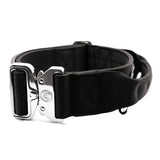Black 5cm btactical collar with neoprene lining and tactical clip featuring a silver-toned buckle and engraved logo