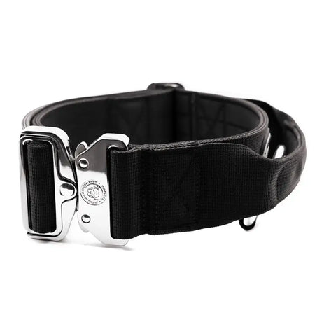 Black 5cm btactical collar with neoprene lining and tactical clip featuring a silver-toned buckle and engraved logo