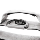 Silver metal d-ring attached to misty grey 5cm nylon btactical dog collar with gray woven fabric strap and black trim
